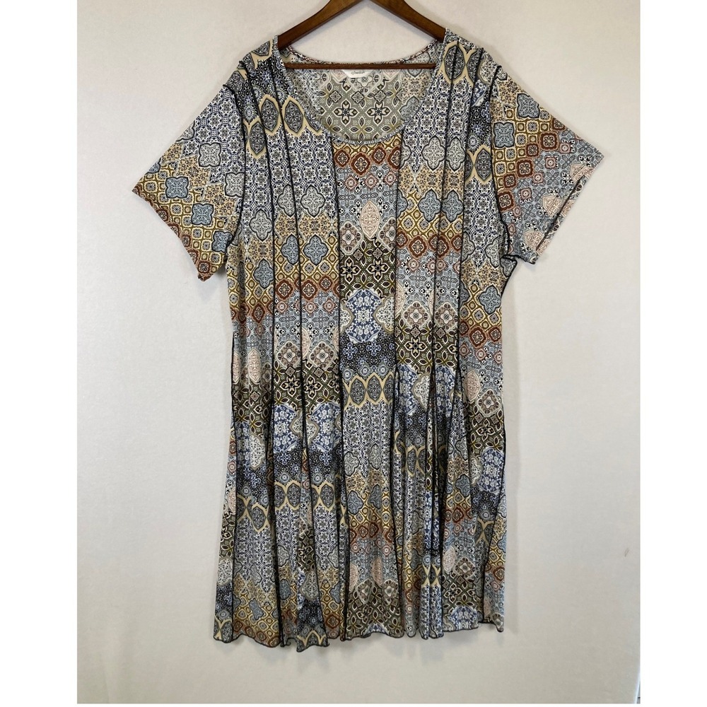Boho Mosaic Print CJ Banks Women Plus Size 2X Multicolor Short Sleeve Tunic Top